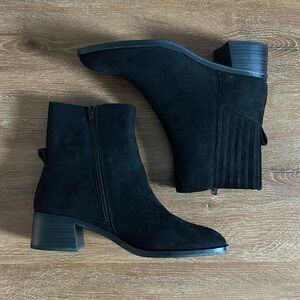 Women’s Black Heeled Suede Booties, Size 10